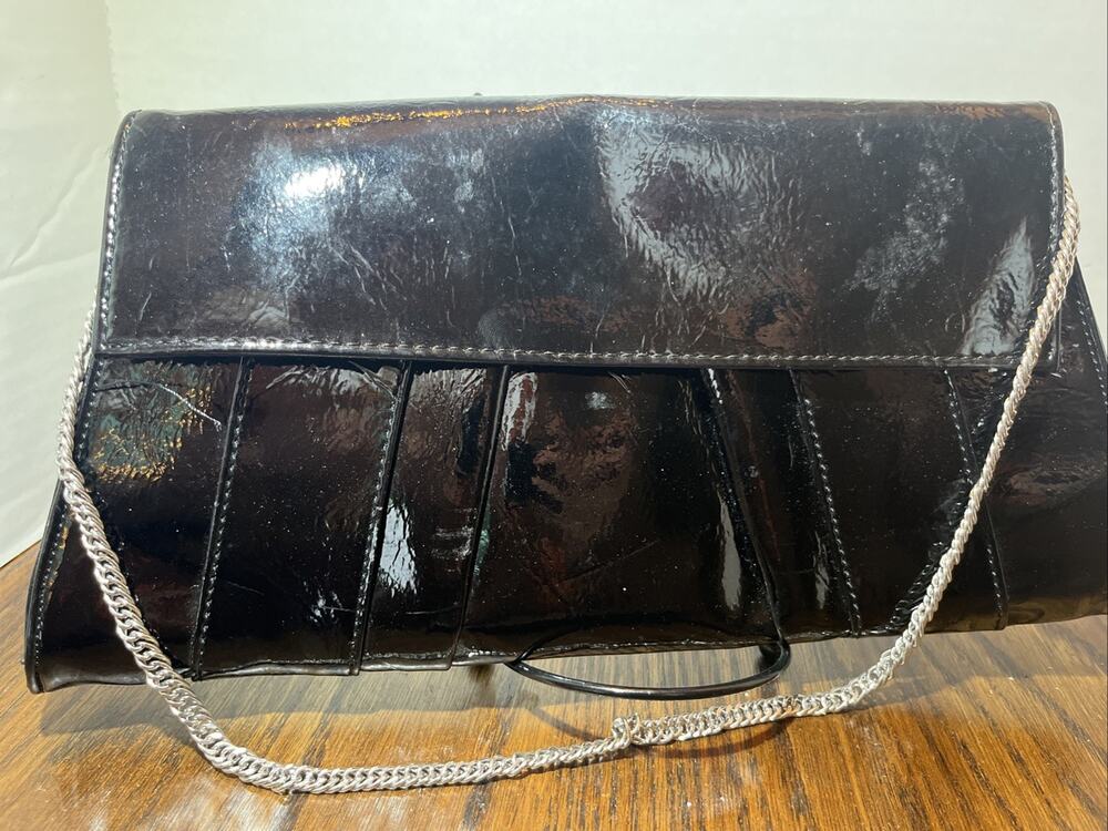 Black Clutch Bag Silver Strap Shiny Vintage